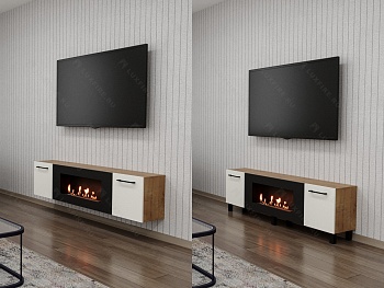 Тумба универсальная Lux Fire "Байкал Р" с ножками 1600, дуб вотан/белый матовый с биокамином 900